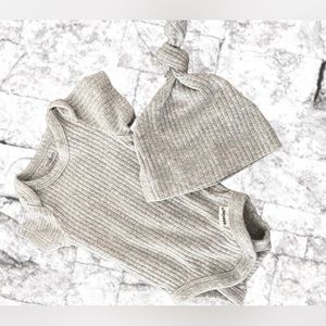 Modern Moments Newborn onesie gray/grey ribbed set knot hat/cap outfit neutral